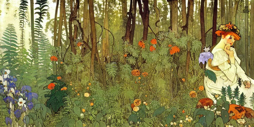 Image similar to a beautiful painting of wild animals in the woods with vines and ferns and flowers, painted by carl larsson and alphonse mucha