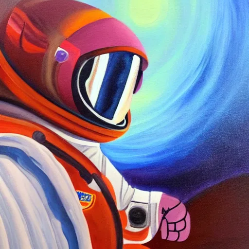 Prompt: a painting of an astronaut looking into outer space while he stands on Mars. He sees another planet on the horizon. Violet, red, dark colors, oil on canvas