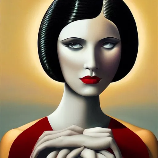 Image similar to art deco skin tone portrait, an ultrafine detailed painting by rafal olbinski, thomas cole, behance contest winner, pop surrealism, detailed painting, very detailed, minimalist, skeuomorphic, airbrush art