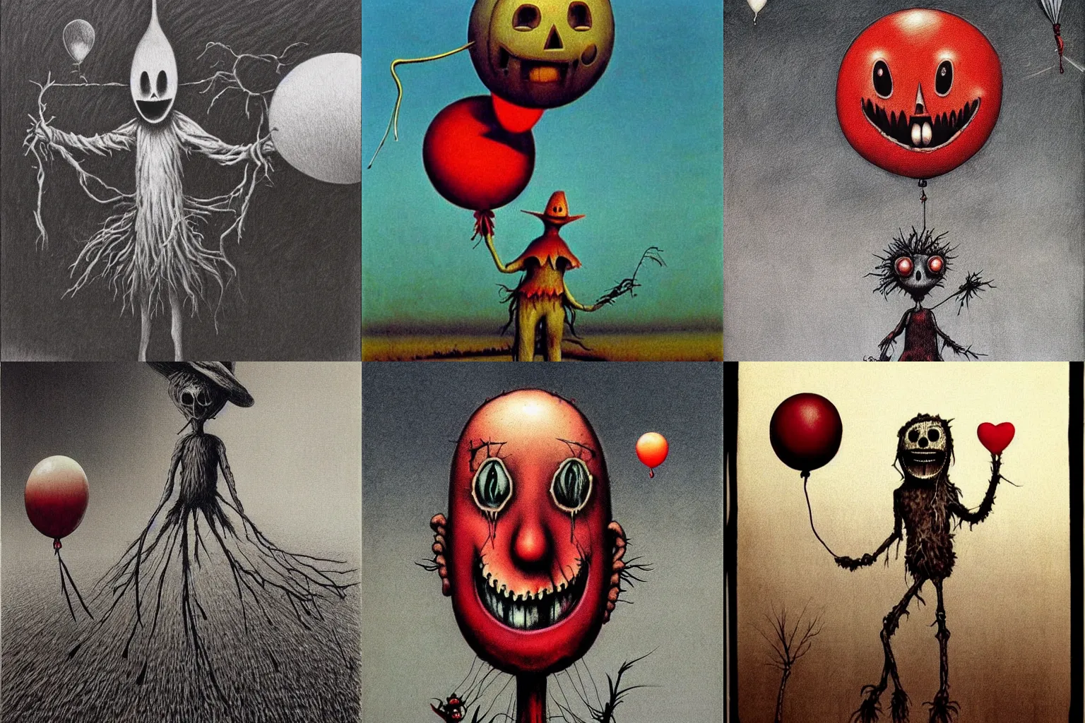Prompt: surrealism grunge cartoon sketch of a scarecrow with a wide smile and a red balloon by - zdzisław Beksiński, loony toons style, horror theme, detailed, elegant, intricate