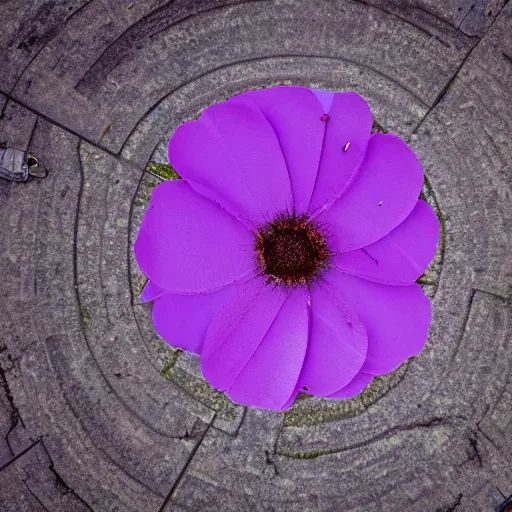 Prompt: closeup photo of purple flower petal flying above a city, aerial view, shallow depth of field, cinematic, 8 0 mm, f 1. 8