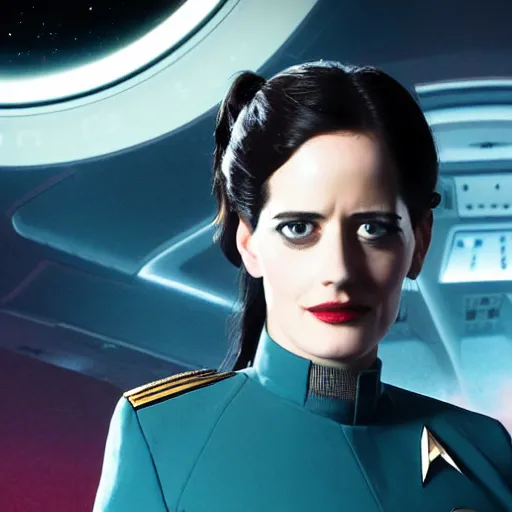 Prompt: a portrait of 3 0 year old eva green as a star fleet officer from star trek next generation, ultra rendered, extreme realism and detail, 8 k, highly detailed, realistic, completely framed, hyper realistic, colorful, direct lighting, 3 5 mm photo, photorealistic, sharp focus