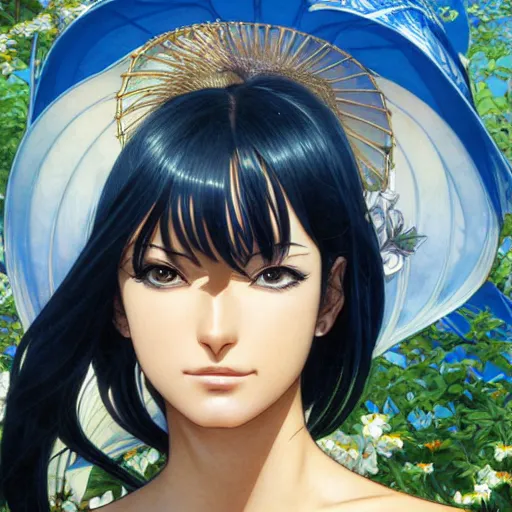 Image similar to highly detailed vfx portrait of nico robin by eiichiro oda!, makoto shinkai, alphonse mucha, sharp focus, art by artgerm and greg rutkowski!, backlit, harsh overhead sunlight, blue eyes!!, large aquiline nose!!, stanley kubrick, kaoru mori, best of behance,