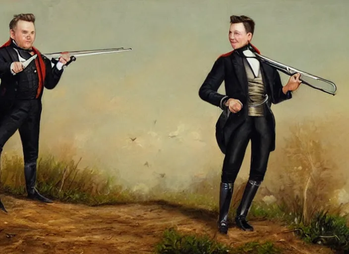 Prompt: oil painting portrait of elon musk in a funny victorian suit firing a musket rifle on a field