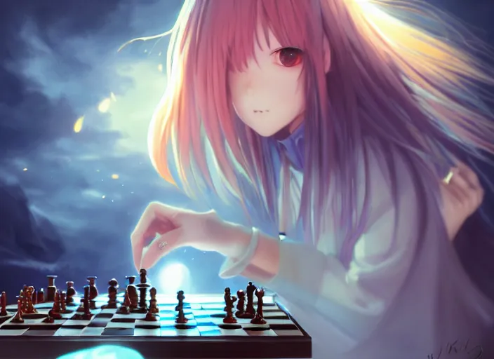 Image similar to rimuru playing chess, with gold eyes, straight hair, sky blue hair, long bangs, high collar, concept art, award winning photography, digital painting, cinematic, by wlop, anime key visual, wlop, 8 k, by ross tran, tom bagshaw, andy warhol