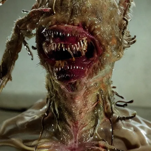 Prompt: a very strange creature made of cronenberg schmutz and drips, skin parts, fuzzy disgusting teeth, saliva nasty