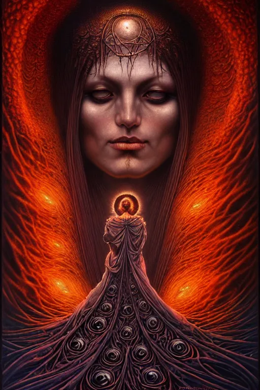 Image similar to A beautiful detailed godness woman super dark tarot card, by tomasz alen kopera and Justin Gerard, symmetrical features, ominous, magical realism, texture, intricate, ornate, royally decorated, melting, whirling smoke, embers, red adornements, red torn fabric, radiant colors, fantasy, trending on artstation, volumetric lighting, micro details, 3d sculpture, ray tracing, 8k, anaglyph effect