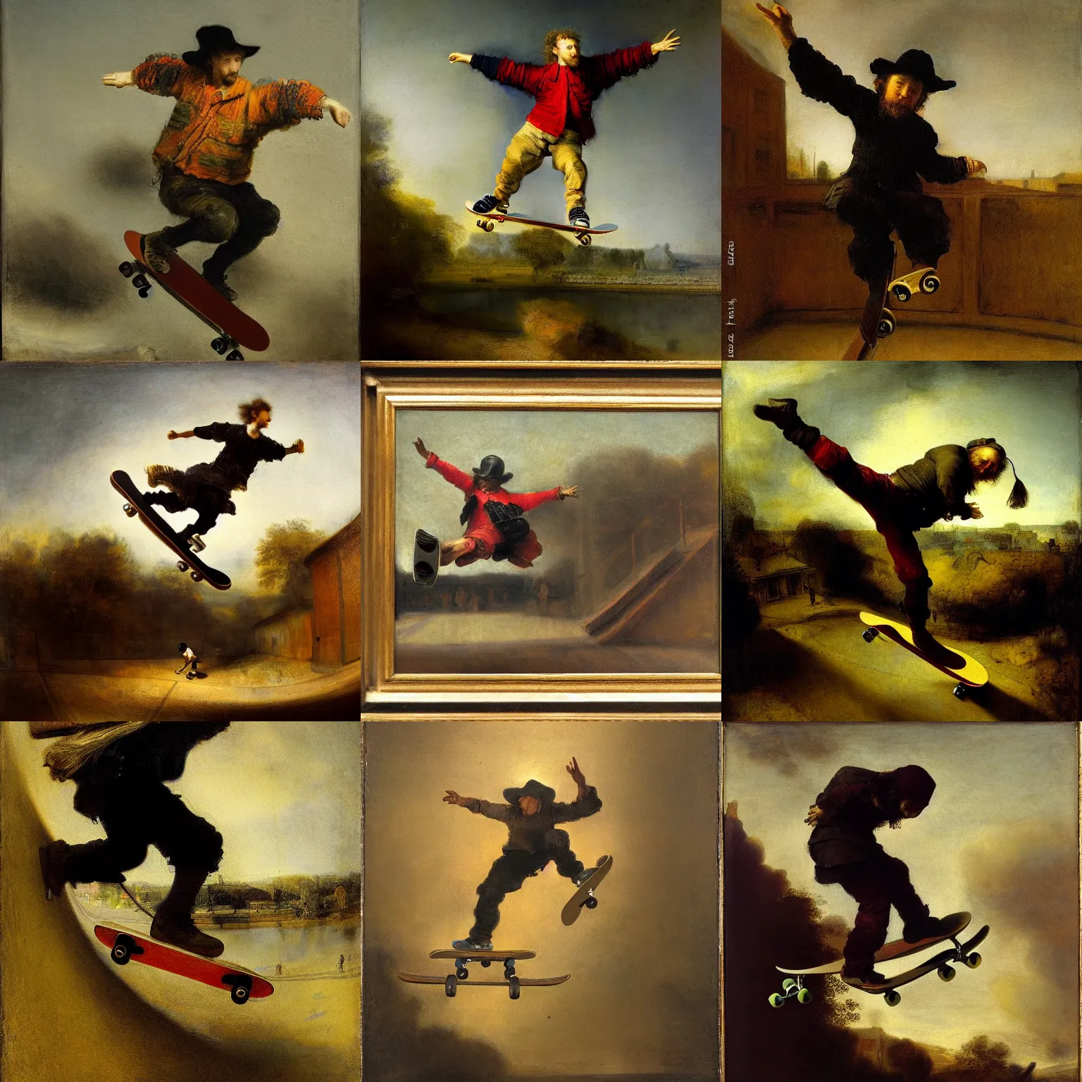 Prompt: A skateboarder jumping over a school bus, painted by Rembrandt and Sargent