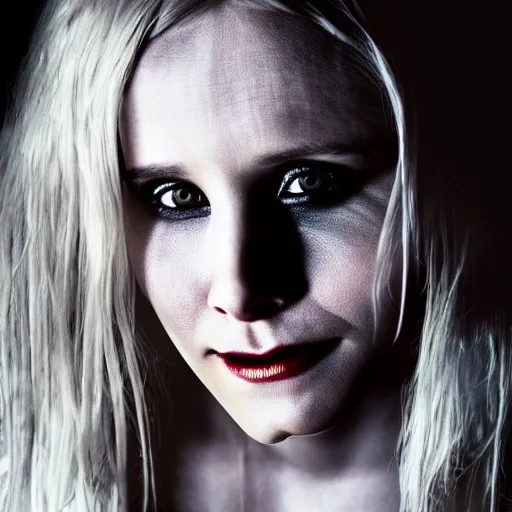 Image similar to Kristen Bell as a demon in heaven, grungy, unkept hair, glowing eyes, modelsociety, radiant skin, huge anime eyes, RTX on, bright on black, dramatic, studio lighting, perfect face, intricate, Sony a7R IV, symmetric balance, polarizing filter, Photolab, Lightroom, 4K, Dolby Vision, Photography Award