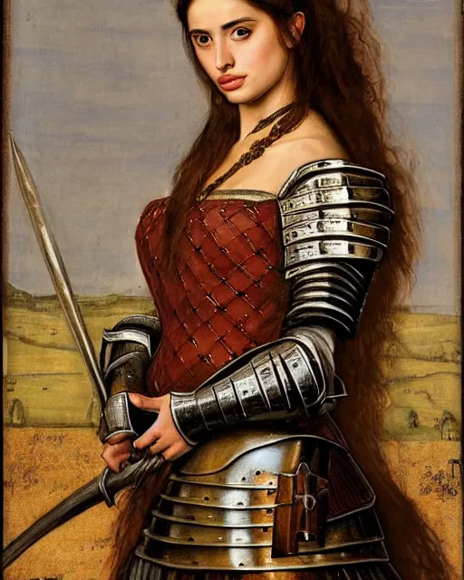 Image similar to medieval portrait of beautiful ana de armas dressed as an armored battle knight, in the style of eugene de blaas