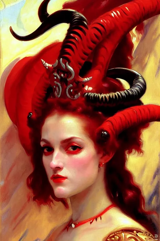Prompt: painted close - up portrait of a attractive red - skinned intimidating demon girl with ram horns! oil painting, wearing a noblewoman's outfit, fantasy art by john singer sargent and gaston bussiere and james jean, demon noble character design, hd
