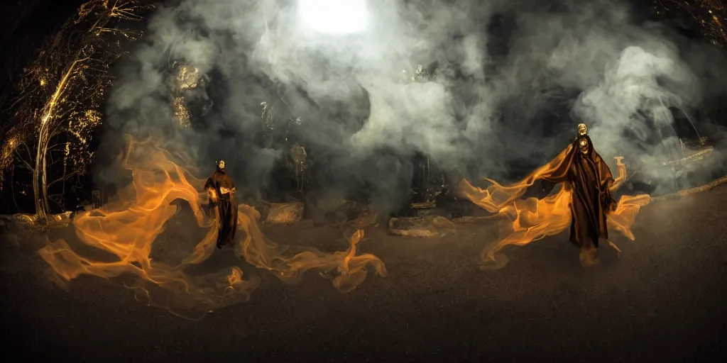 Prompt: music video fisheye slow motion with trail fire and smoke effect of futuristic break dancer wearing long dark cloak and golden helmet emitting fire and crystals, long exposure shot , enigmatic, at night in the middle sci-fi buddhist temple, paddle of water, steam, fog, water splashes, rim lights, glossy reflections, water droplets on lens, octane render, Volumetric dynamic lighting, stunning cover magazine, high details, hajime sorayama