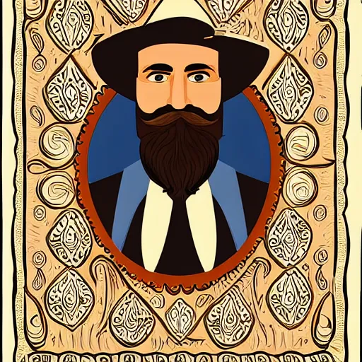 Image similar to bearded cowboy, portrait, calligraphic borders, persian folkore artstyle