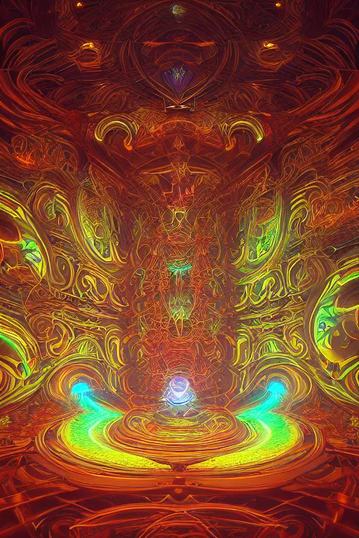 Image similar to a deep perspective photo real render of tribal glowing fractals and ornate flowing light streams sacred geometry, by beeple, by donato giancola, unreal engine