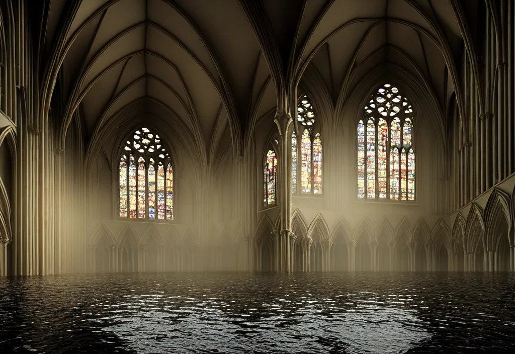 Image similar to kodak portra 4 0 0 photographic and realistic, interior of a gothic cathedral, detailed, octane render, unreal engine 5, 8 k, artstation, hyper realistic, wide angle, floor flooded how a lake, hole objects that float, 3 5 mm, sharp focus, soft light, epic volumetric light fog, in the style of gregory crewdson