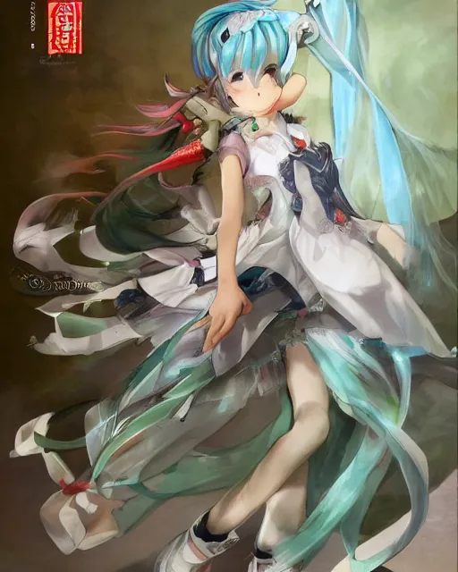 Image similar to Hatsune Miku in wedding outfit by Ruan Jia and Gil Elvgren, fullbody, posing, trending