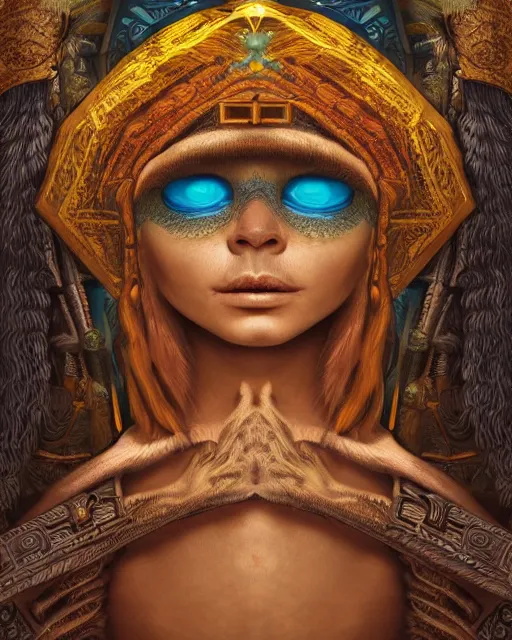 Prompt: digital painting of a mayan halach uinik by filipe pagliuso and justin gerard, symmetric, fantasy, highly detailed, realistic, intricate, portrait, sharp focus, tarot card