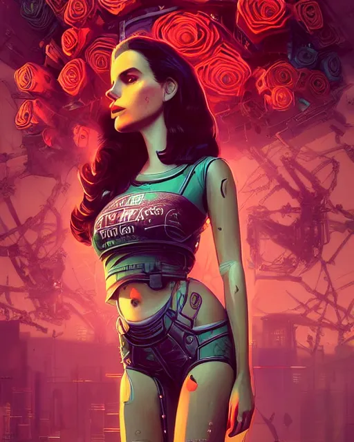 Image similar to portrait of lana del rey as a cyberpunk cyborg. roses, sci - fi, missing panels, intricate abstract, upper body, intricate artwork, by tooth wu, wlop, beeple, dan mumford. concept art, 8 k octane render, deviantart, greg rutkowski, cinematic, key art, hyperrealism, iridescent accents