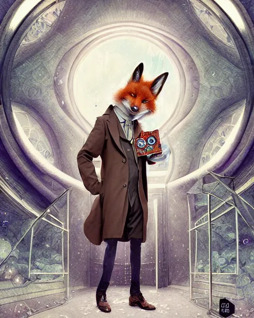 Image similar to anthropomorphic art of a detective fox inside tardis, victorian inspired clothing by artgerm, victo ngai, ryohei hase, artstation. fractal papersand books. highly detailed digital painting, smooth, global illumination, fantasy art by greg rutkowsky, karl spitzweg, doctor who