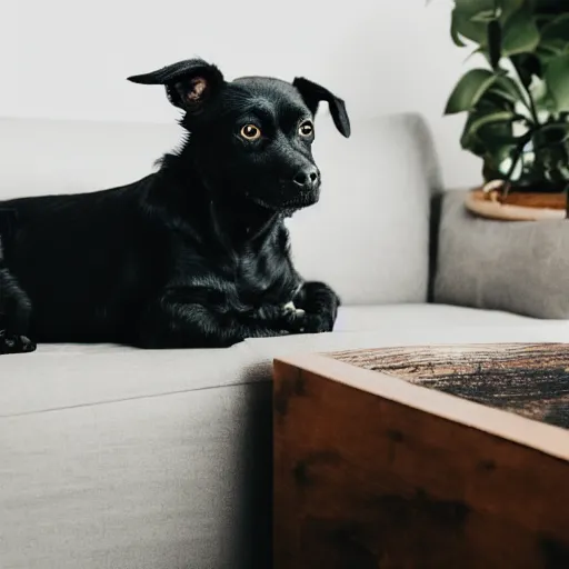 Prompt: a small black dog with a white face, lying down on a sofa, house plants and wood furniture in the background, indoors, dim light, photograph, 4 k, shot on iphone