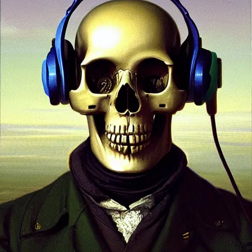 Prompt: a painting by Thomas Cole of a vaporwave robot skull wearing headphones highly detailed chromatic 3d rendering from 1996