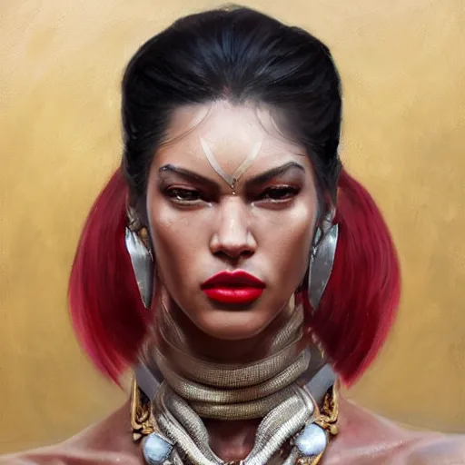 Image similar to detailed oil portrait of tall hyper - muscular shining bronze - skinned warrior woman with silver eyes, with long wavy flowing black hair and big gold earrings, jewelry, red lipstick, makeup, feminine, volumetric lighting, dynamic composition, art by sachin teng and sergey kolesov and ruan jia and heng z, scifi, concept art