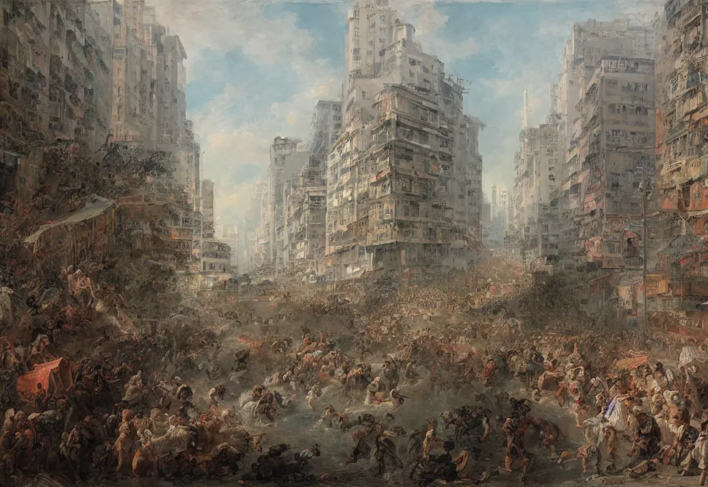 Image similar to 2 0 2 1 hong kong riot by jean honore fragonard. city buildings in the background.