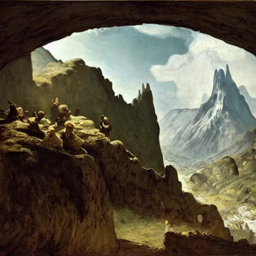 Prompt: samwise gamgi sneaking into mordor through the black gate, surrounded by cliffs and hidden orcs, painting by gustave courbet, high detail, claude joseph vernet, rembrandt, museum painting, masterpiece