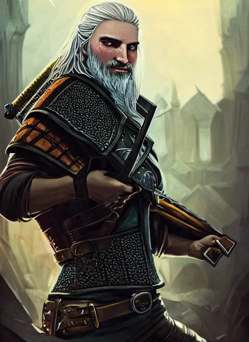 Image similar to portrait of a wizard holding a gun, the witcher has a half shaved head and tattoos, the wizard holding a pistol points downwards, the wizard holding a pistol is only one and stands in a ruined city. by Ciryl Rolando, hyperrealistic illustration, digital art, studio lightning, very detailed faces