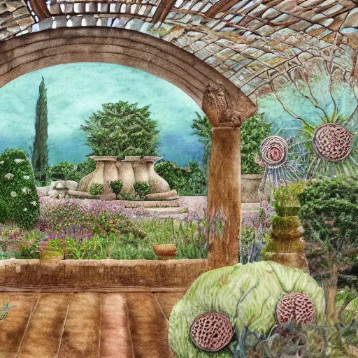 Image similar to delicate garden on paper, spirals stony, floating robes, puffy, vines, botanical herbarium, botanic watercolors, coastline, iridescent, 8 k wide angle, realistic shaded, fine details, artstation, italian, rainbow, colonnade, oak, pinecone, gardena architecture, pompeii, naples, sicilian, boundary walls