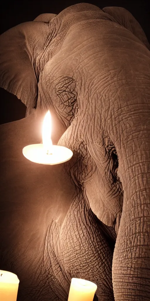 Image similar to a old man with a elephant snout, elephant ears and elephant tasks, beautifull candle low light