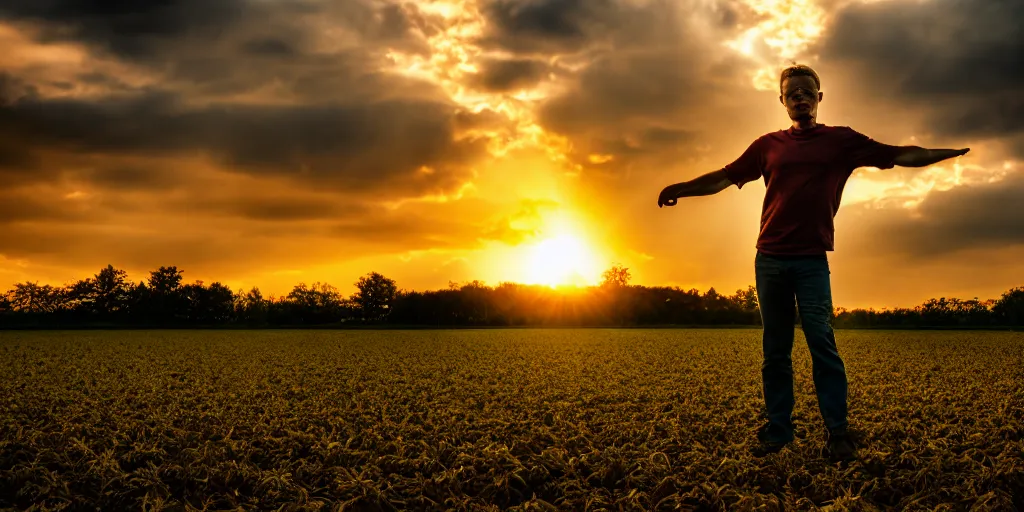 Prompt: the sunset's light beam, tom holand, action pose, outside in a farm, medium close up shot, depth of field, sharp focus, waist up, movie scene, anamorphic,