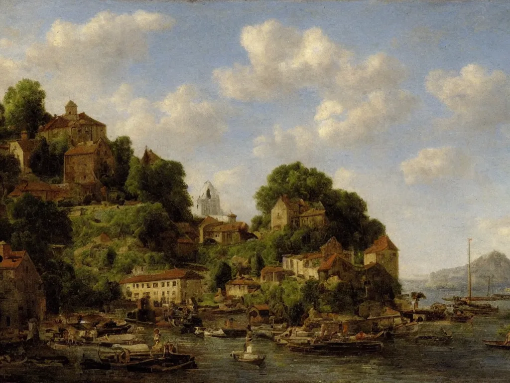 Image similar to a small village, viewed from the harbor, by jean - baptist monge,