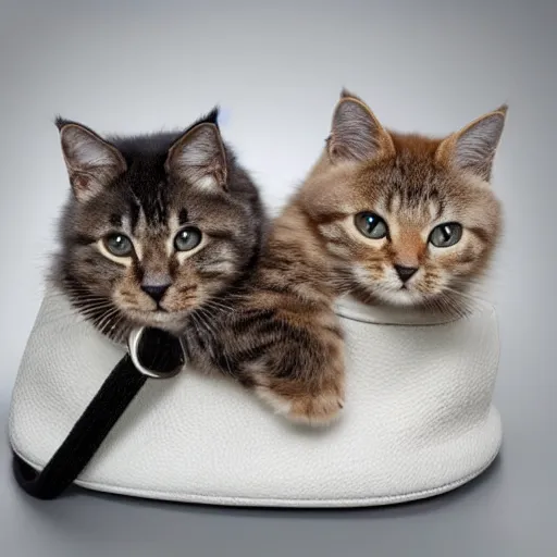 Image similar to a highly detailed photo of multiple furry cats inside a chanel bag, white background, studio lighting, 4 k, 8 k