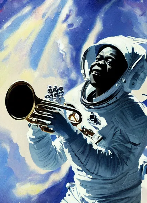 Image similar to a portrait of louis armstrong wearing a space suit on the moon, reaching for a trumpet, by greg manchess and john singer sargent and jonathan yeo, dramatic lighting, highly detailed digital painting