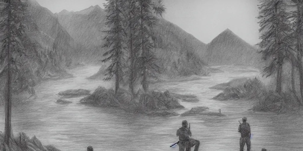 Image similar to A majestic landscape featuring a river, mountains and a forest. There is a group of armed soldiers smoking cigarettes and staring at the sunset. Cinematic, very beautiful, pencil drawing