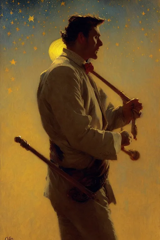 Image similar to attractive male playing pinao, starry night, painting by gaston bussiere, craig mullins, j. c. leyendecker