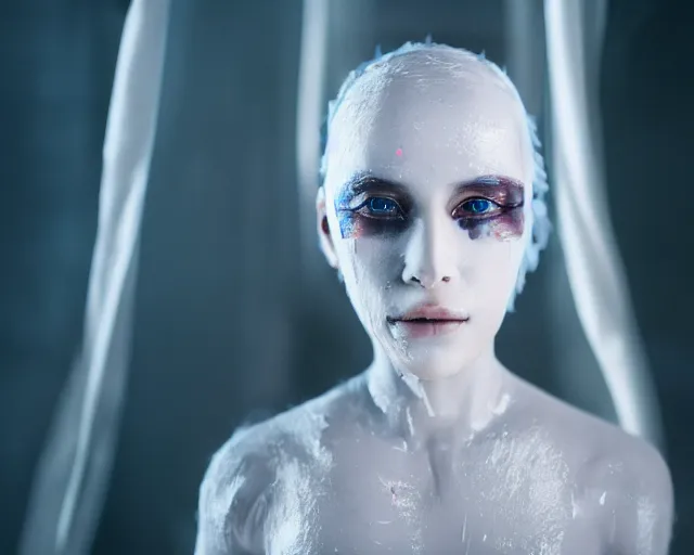 Prompt: a film still of a synthetic female human wrapped in white cloth, beautiful, tribal facepaint, in neotokyo, cinematic lighting, high resolution, 4 k