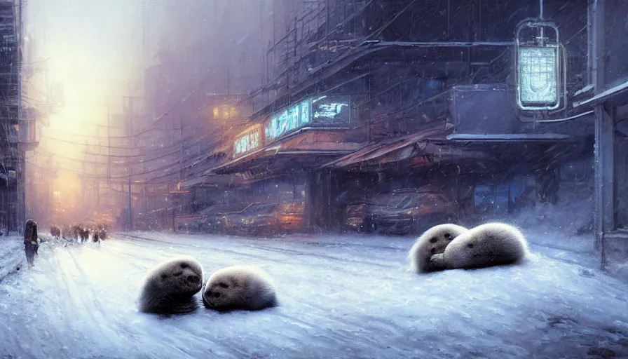 Prompt: highly detailed painting of cute furry white baby seals cuddled up in a cardboard box in a snowy dystopian cyberpunk street by william turner, by greg rutkowski, by marco mazzoni, by maxfield parrish, thick brush strokes and visible paint layers, 4 k resolution, retrowave colour scheme