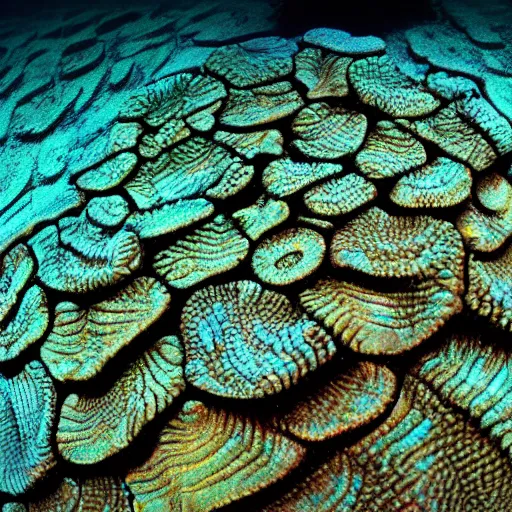 Image similar to ediacaran life crawling in the shallow water of a precambrian sea among alien psychedelic crystals