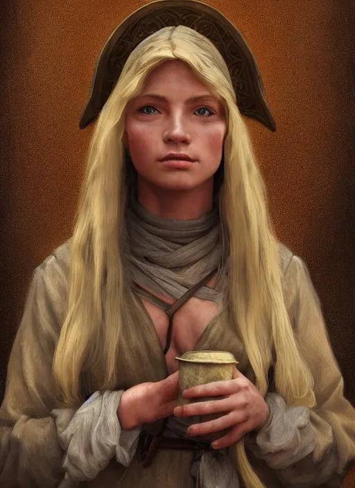 Image similar to blonde peasant woman, fantasy, medieval, vivid colors, fantasy, elegant, concept art, sharp focus, beautiful face!!, digital art, hyper - realistic, 4 k, unreal engine, highly detailed, hd, dramatic lighting by brom, trending on artstation