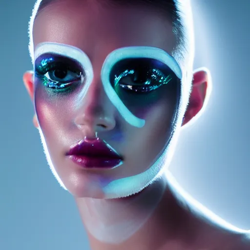 Image similar to high fashion photography of a model in neo futurism white sci - fi makup, transparent cloth, beautifully lit by white neon