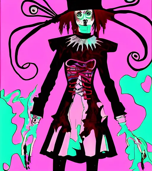 Image similar to horror acid colors, grim-hatter, a dark picture comic featuring blood horror and goth anime girls, anime vampires, evil horror vibes