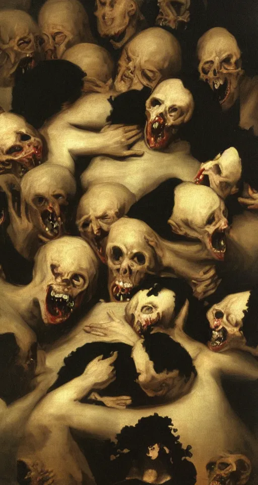 Prompt: human body being eaten by a group of eloquent, orderly nuns by francisco goya, gothic, lovecraftian, 4 k, realistic, high detail, gruesome