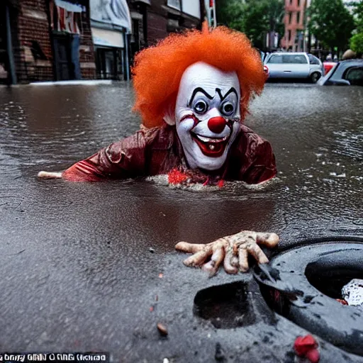 Prompt: horror image of clown from it trying to crawl out of a flooded sewer drain with trash and debris floating in dirty water, stephen king movie scene