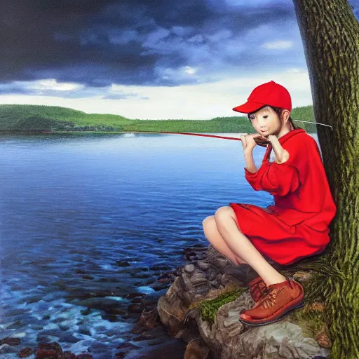 Image similar to oil painting by ilya kuvshinov, ross draws, artgerm, akira toriyama, eiichiro oda, of a youthful japanese girl, long hair, fishing and wearing fisherman's outfit, fisherman's hat, highly detailed, breathtaking face, studio photography, noon, intense bounced light, water reflection, large tree casting shadow, serine intense sunlight