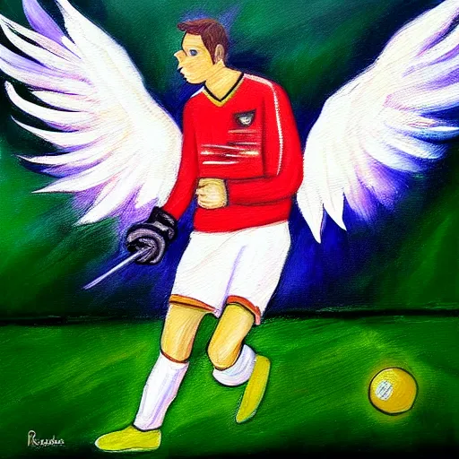 Prompt: goal keeper with wings, rennasainse painting