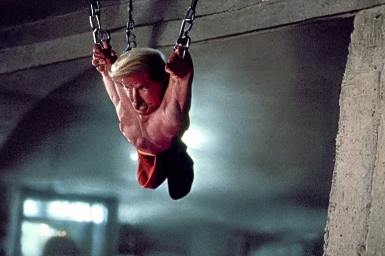 Prompt: movie still of donald trump in mission impossible, hanging from the ceiling, photograph, tv show, cinematic