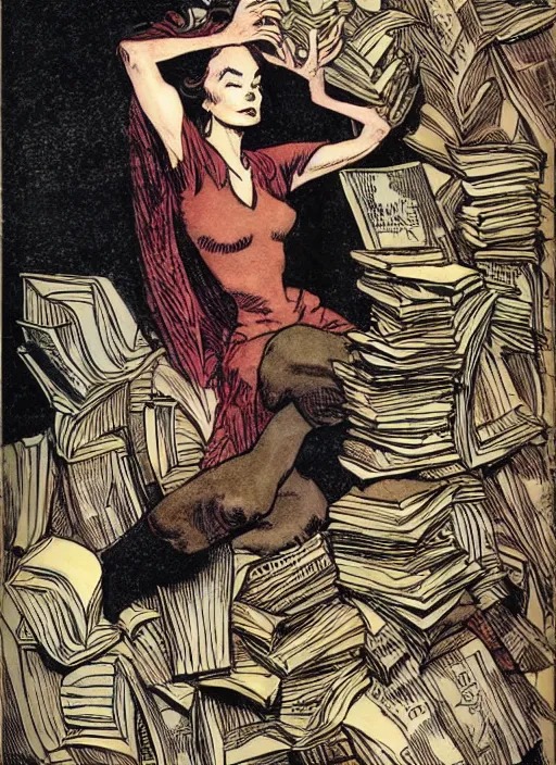 Prompt: a woman with light brown hair and glasses sitting on top of a tall pile of books. well composed, clean elegant painting, beautiful detailed face. comic book art by steve ditko and jack kirby and arthur rackham