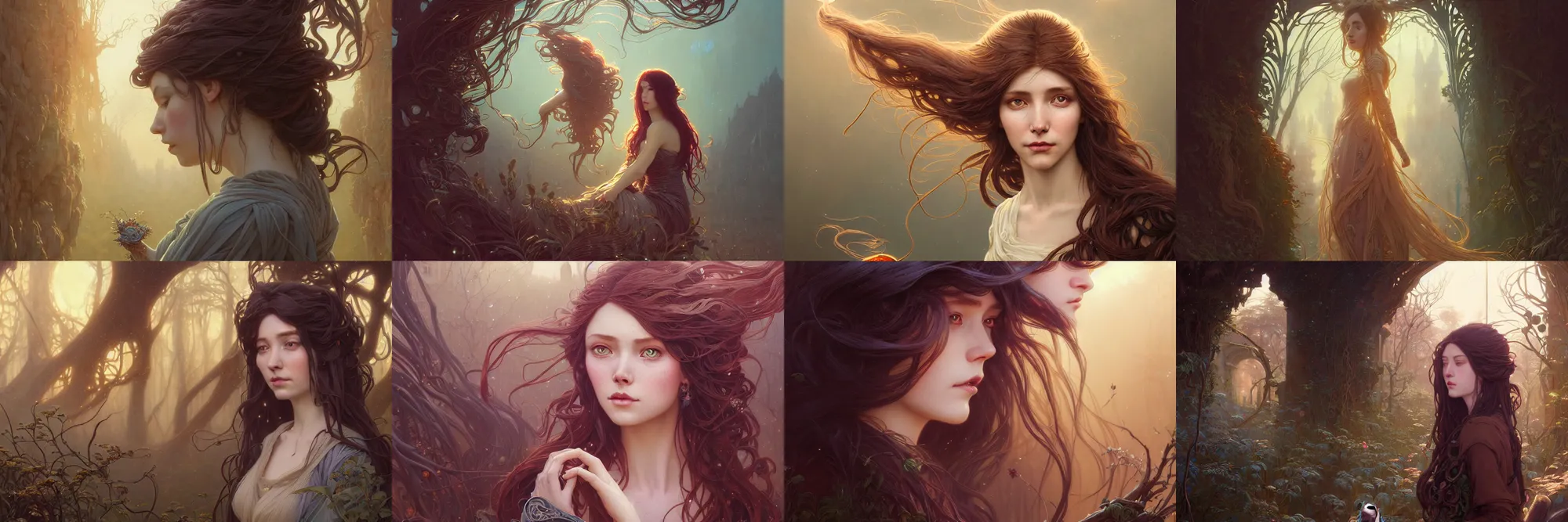 Image similar to highly detailed portrait of a woman with long hairs, stephen bliss, unreal engine, fantasy art by greg rutkowski, art nouveau, loish, rhads, ferdinand knab, makoto shinkai and lois van baarle, ilya kuvshinov, rossdraws, tom bagshaw, alphonse mucha, global illumination, radiant light, detailed and intricate environment